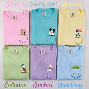May include: Six different colored t-shirts with a pocket on the front. Each pocket has a different cartoon character in it. The colors are blossom, chalky mint, banana, celadon, orchid, and Chambray.