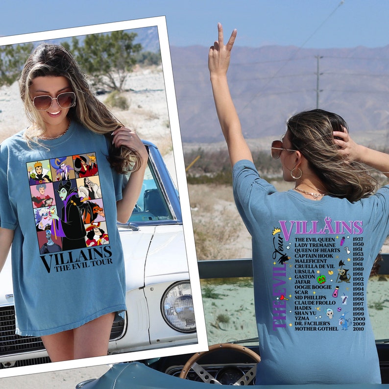 Puede incluir: Camiseta azul claro con un gr&aacute;fico de villanos de Disney. La parte delantera presenta un collage de personajes con el texto "Villains The Evil Tour". La parte trasera enumera los villanos y sus a&ntilde;os de debut.