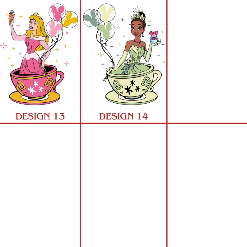 May include: Two illustrations of Disney princesses in teacups. The first image shows a pink teacup with a princess in a pink dress holding an ice cream cone. The second image shows a green teacup with a princess in a green dress holding a cupcake. Both images have the text "DESIGN" followed by a number.