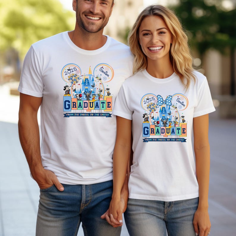 May include: Two white t-shirts with a blue and yellow design featuring Mickey Mouse characters and the text '2025 Senior Graduate From the Tassel to the Castle'.