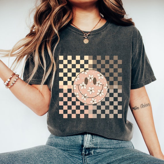 Comfort Colors® Checkered Face Shirt, Checkered Floral Face Shirt, Cute Face Shirt, Flower Face Shirt, Floral Face Shirt, Cute T Shirt