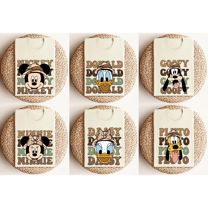 May include: Six white t-shirts featuring different Disney characters and names printed on them. The characters are Mickey Mouse, Minnie Mouse, Donald Duck, Daisy Duck, Goofy, and Pluto. The shirts have a brown and green animal print background.