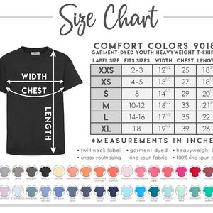 May include: Size chart for youth heavyweight t-shirts in a variety of colors. The chart shows the label size, fits sizes, width, chest, and length in inches. The chart also includes information about the fabric and weight of the shirts.