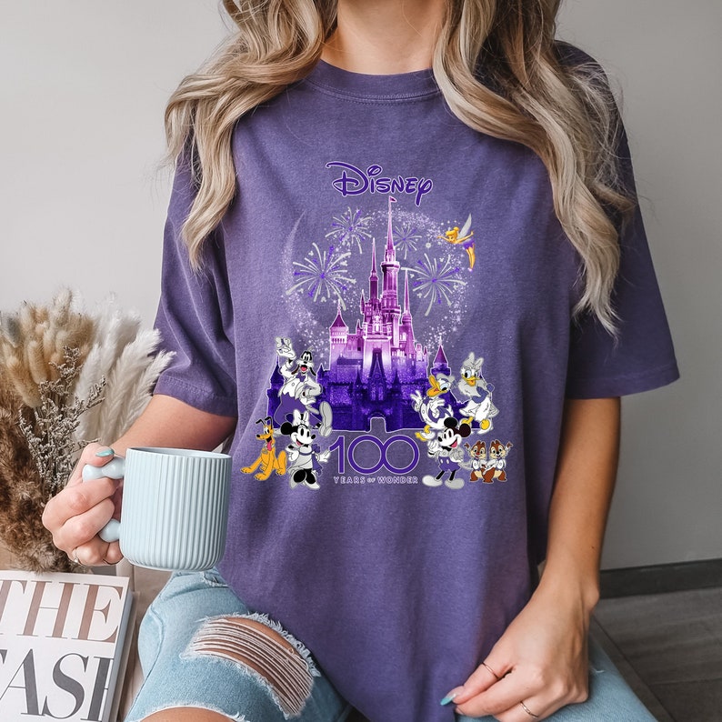 May include: Purple t-shirt with a graphic of Mickey Mouse and friends celebrating Disney's 100th anniversary. The graphic features Cinderella's castle, fireworks, and the text "Disney 100 Years of Wonder".