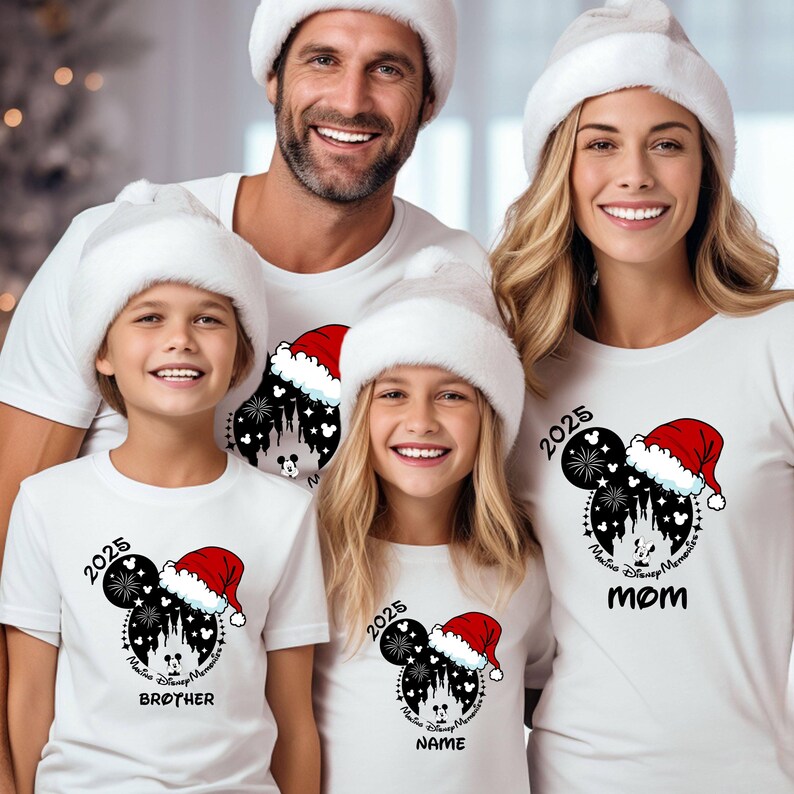 May include: Family matching Christmas shirts featuring a Mickey Mouse design with fireworks, Cinderella Castle, and a Santa hat.  The shirts are white with black and red accents.  The year '2025' is printed on the adult shirts, while the children's shirts display '2026' and '2025' respectively.  The text 'MOM', 'BROTHER', and 'NAME' is also included on the shirts.