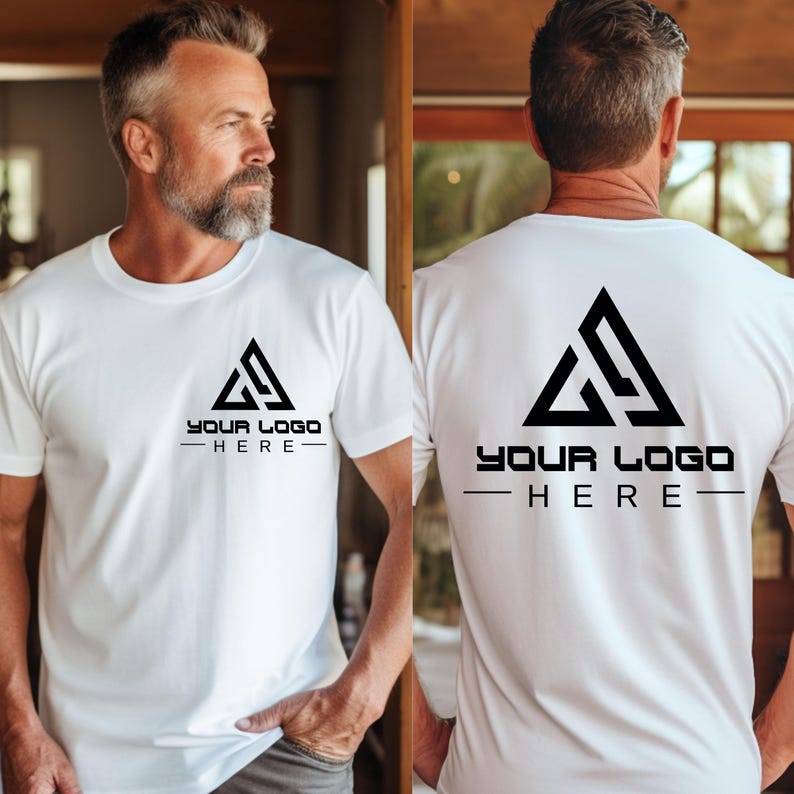 May include: White t-shirt with a black triangle logo and the text "YOUR LOGO HERE" printed on the front and back.