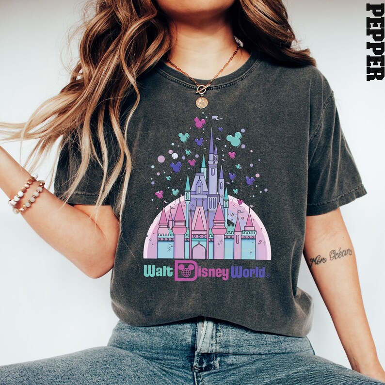 May include: A dark gray t-shirt with a graphic of Cinderella's castle in pastel colors and the text "Walt Disney World".