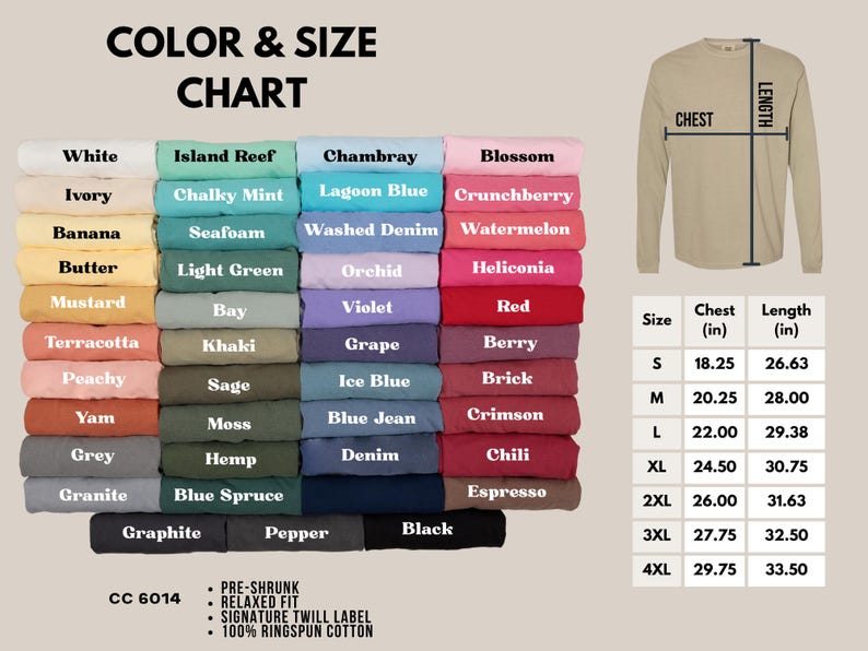 Puede incluir: Tabla de colores y tallas para una camiseta de manga larga, con colores como blanco, azul y rosa. La tabla incluye medidas de pecho y largo en cm para las tallas S a 4XL. La camiseta es pre-encogida y de corte relajado.