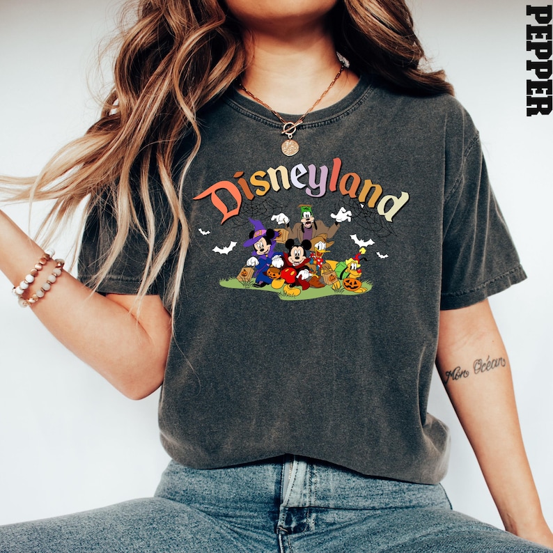 Puede incluir: Una camiseta gris oscuro con un gr&aacute;fico de estilo vintage de Mickey Mouse y sus amigos frente a un cartel de Disneyland. El gr&aacute;fico incluye el texto "Disneyland" en colores arco&iacute;ris.