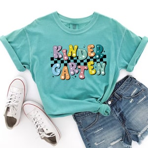Comfort Colors® Kindergarten Shirt, Kindergarten Teacher Shirt, Checkered Kindergarten Tee, First Day Of School Shirt, Kindergarten Crew Tee
