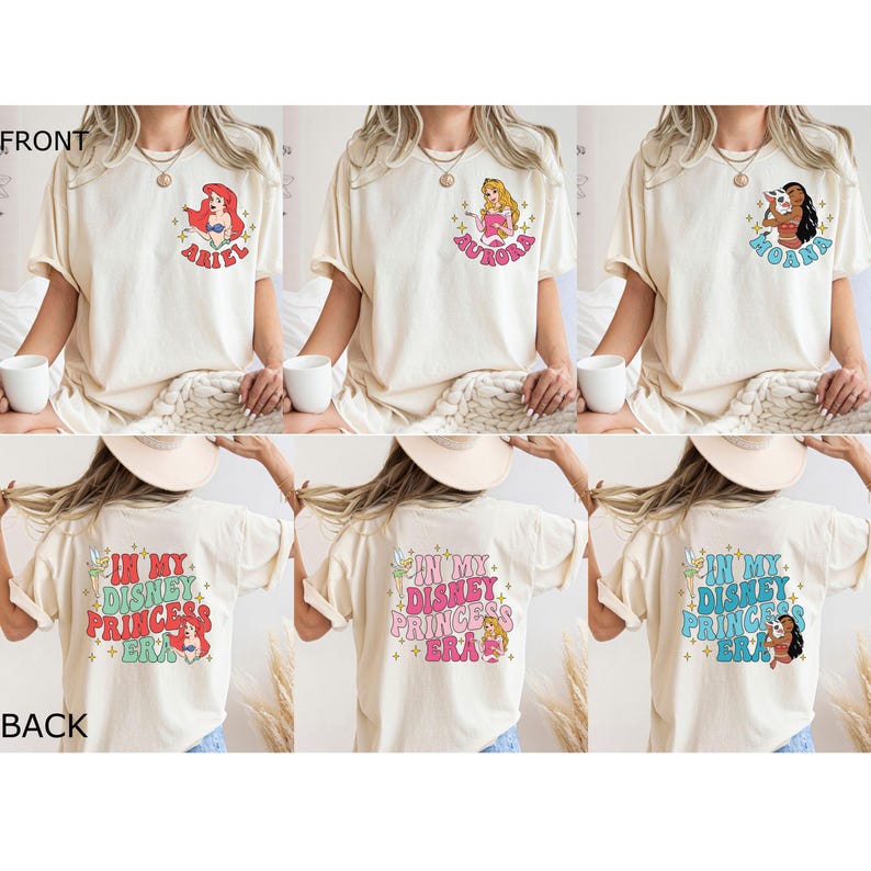 May include: Three white t-shirts with different Disney princess characters on the front. The back of the shirts all have the text "In My Disney Princess Era" with a princess character on each shirt.