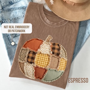 Comfort Colors® Faux Patchwork Pumpkin T-Shirt, Faux Embroidered Pumpkin Shirt, Vintage Cottagecore Coquette Pumpkin Pumpkin Patch Shirt
