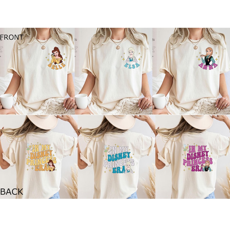 May include: Three off-white t-shirts with different Disney princess characters on the front. The back of the shirts all have the text "In My Disney Princess Era" with a princess character on each shirt.