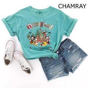 Puede incluir: Una camiseta azul turquesa con un gr&aacute;fico vintage de Disneyland con Mickey Mouse, Donald Duck, Goofy y Pluto. El gr&aacute;fico incluye el texto "Disneyland" con "Est. 1955" y "California" debajo.