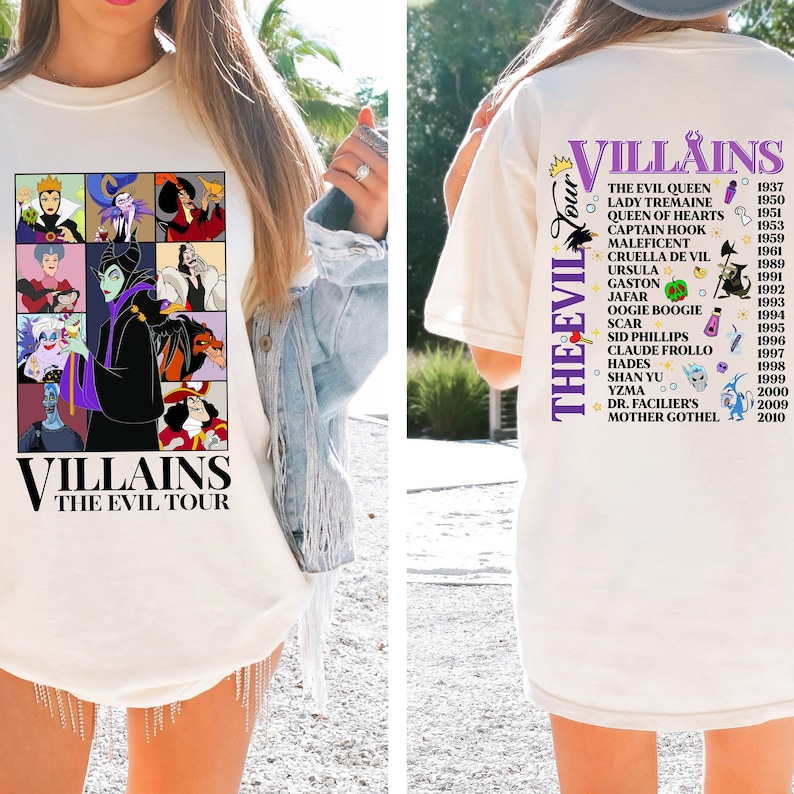 Puede incluir: Camiseta color crema con un gr&aacute;fico colorido de villanos de Disney, incluyendo Mal&eacute;fica y &Uacute;rsula, con el texto "Villains The Evil Tour". La parte trasera de la camiseta enumera villanos y sus a&ntilde;os.