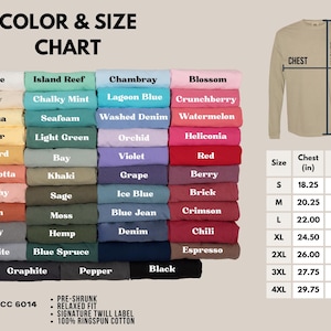 May include: A colour and size chart for long-sleeve shirts, displaying shades such as white, blue, and pink. Includes chest and length measurements in inches for sizes S to 4XL. The shirt is pre-shrunk with a relaxed fit.
