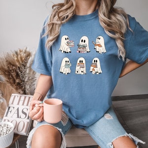 Comfort Colors® Ghost Reading Books Shirt, Halloween Teacher Gift, Ghost Reading Book Sweater, Spooky Season Trendy Shirt, Halloween Ghost