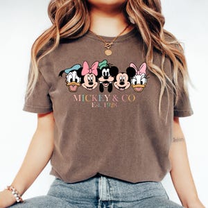 May include: A brown t-shirt with a graphic of Mickey Mouse, Minnie Mouse, Donald Duck, and Goofy. The text "Mickey & Co. Est. 1928" is printed below the graphic.