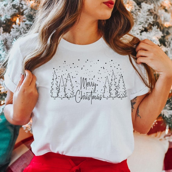 Women's Merry & Bright Christmas Tree Tee - Holiday Graphic T-Shirt, Casual Short Sleeve Top