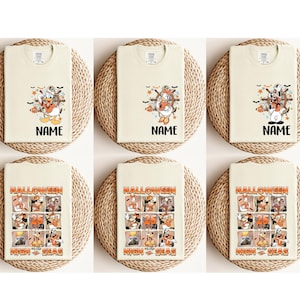 K&ouml;nnte beinhalten: Sechs cremefarbene T-Shirts mit Halloween-Motiven. Die obere Reihe zeigt Zeichentrickfiguren mit dem Wort "NAME" darunter. Die untere Reihe zeigt ein Raster von Figuren mit dem Text "HALLOWEEN 25 HIGH SEAS".