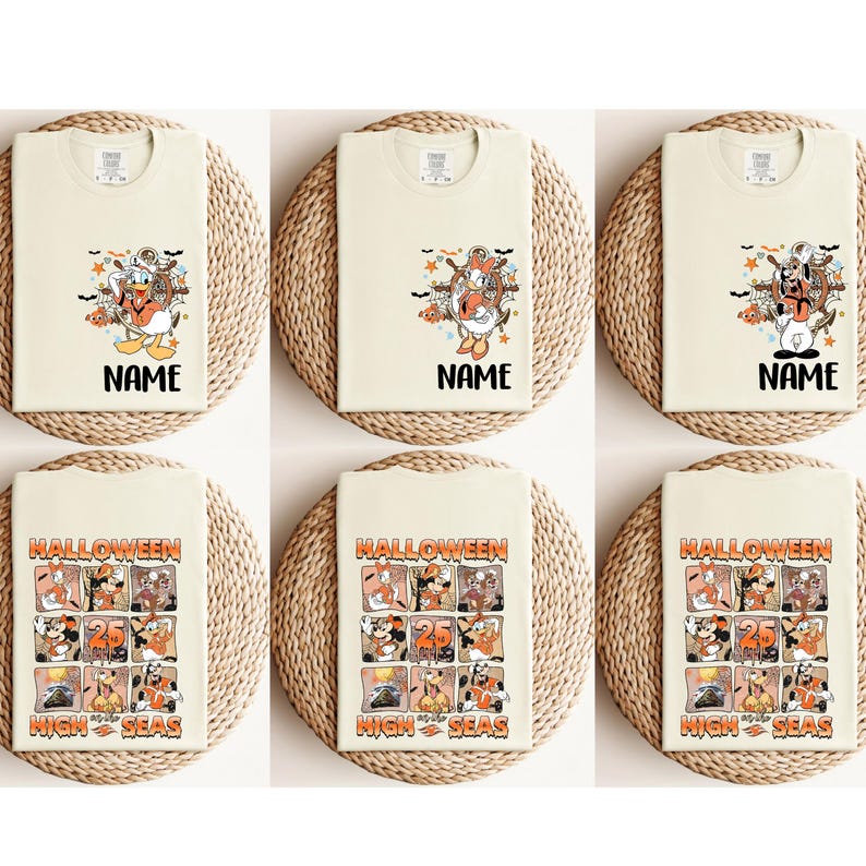 K&ouml;nnte beinhalten: Sechs cremefarbene T-Shirts mit Halloween-Motiven. Die obere Reihe zeigt Zeichentrickfiguren mit dem Wort "NAME" darunter. Die untere Reihe zeigt ein Raster von Figuren mit dem Text "HALLOWEEN 25 HIGH SEAS".