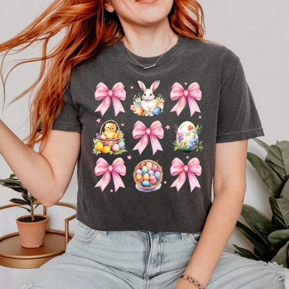 Comfort Colors® Coquette Easter Bow T-Shirt, Easter Egg Shirt, Coquette Bow Shirt, Bunny Shirt, Bunny Bow Shirt, Colorful Easter Shirt