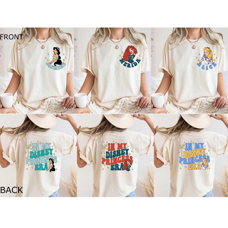 May include: Three white t-shirts with different Disney princess designs on the front. The back of the shirts all have the text "In My Disney Princess Era" with a princess graphic.