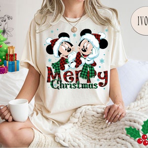 Comfort Colors® Minnie Mickey Merry Christmas Shirt, Christmas Mickey And Minnie Plaid Shirt, Disney Christmas Shirt ,Christmas Family Tee