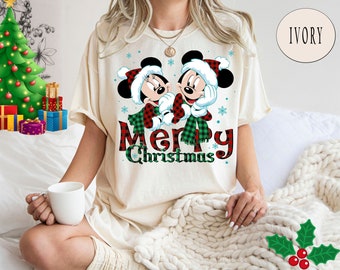 Comfort Colors® Minnie Mickey Merry Christmas Shirt, Christmas Mickey And Minnie Plaid Shirt, Disney Christmas Shirt ,Christmas Family Tee
