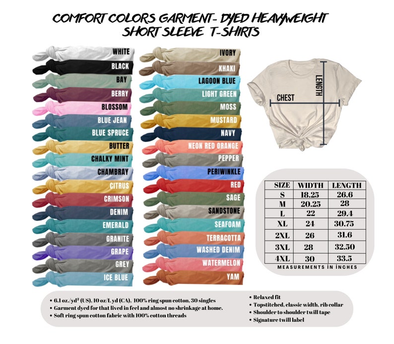 Puede incluir: Un gr&aacute;fico que muestra las medidas de talla, ancho y largo en pulgadas para una variedad de tallas de camisetas. El gr&aacute;fico est&aacute; etiquetado como "Comfort Colors Garment-Dyed Heavyweight Short Sleeve T-Shirts". El gr&aacute;fico tambi&eacute;n muestra una variedad de colores para las camisetas, incluyendo blanco, negro, bah&iacute;a, baya, flor, azul jean, azul abeto, mantequilla, menta calc&aacute;rea, chambray, c&iacute;tricos, carmes&iacute;, denim, esmeralda, granito, uva, gris, azul hielo, marfil, caqui, azul laguna, verde claro, musgo, mostaza, azul marino, naranja rojo ne&oacute;n, pimienta, periwinkle, rojo, salvia, piedra arenisca, espuma de mar, terracota, denim lavado, sand&iacute;a y yam.