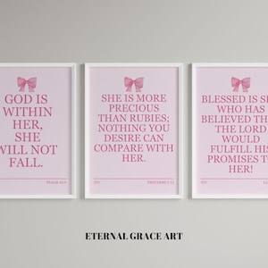 Bible Verse Wall Art Set of 3, Pink Christian Wall Art, Girly Art, Biblical Poster, Aesthetic Pink Bow Coquette Wall Art, Digital Download