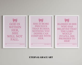 Pink Bible Verse Wall Art Set, Girly Coquette Decor (Digital Download)