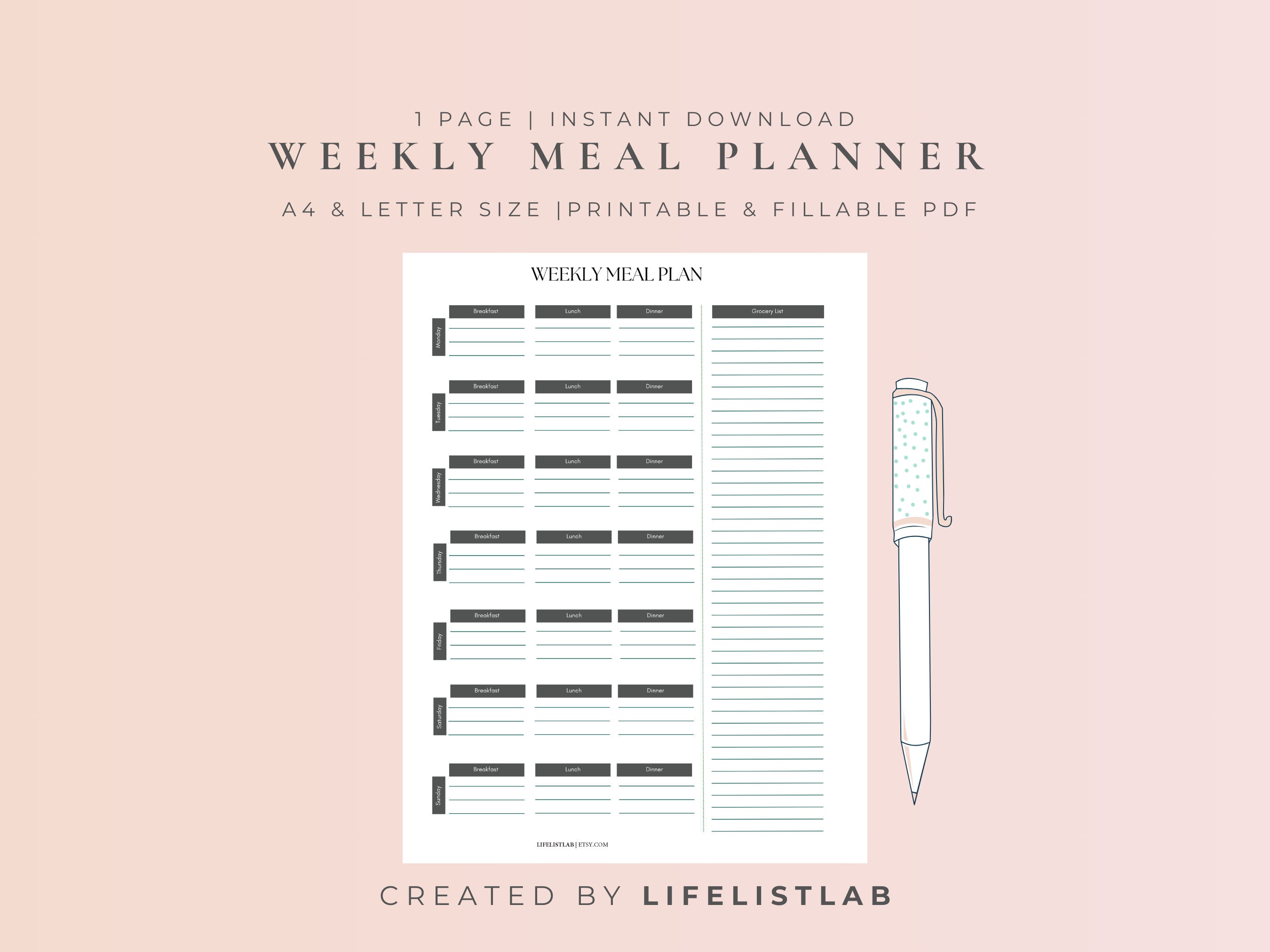 Meal Planner Printable, Weekly Meal Planner, Meal Plan Template, Meal
