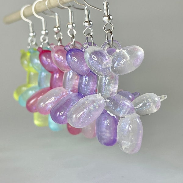Translucent and Luminescent Balloon Dog Earrings | colorful, fun earrings, animal earrings, glow in the dark, dangle earrings, 3D earrings