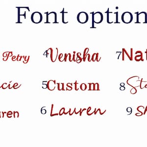 May include: Image displaying font options for text customization. The text "Font options" is in navy blue. Nine font styles are shown, each with a sample name in a red script font, including "Mrs. Petry", "Gracie", "Lauren", "Venisha", "Custom", "Natasha", "Stephanie", and "Shanda".