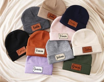 Bonnet d'hiver en tricot, bonnet personnalisé pour bébé, nouveau-né bébé enfant adolescent, bonnet personnalisé avec prénom pour bébé, bonnet en cuir avec empiècement prénom