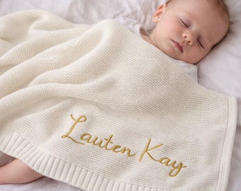 Gepersonaliseerde babydeken, aangepaste naam gebreide babydeken, cadeau pasgeborene, geborduurd babydeken, kraamcadeau