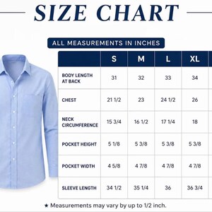 May include: A light blue long-sleeve button-down shirt with a chest pocket, displayed next to a size chart titled SIZE CHART with the text ALL MEASUREMENTS IN INCHES. The table lists dimensions for sizes S, M, L, XL, and 2XL in inches.