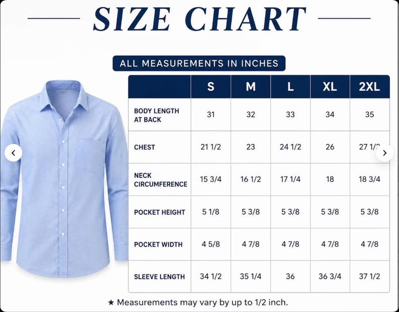 May include: A light blue long-sleeve button-down shirt with a chest pocket, displayed next to a size chart titled SIZE CHART with the text ALL MEASUREMENTS IN INCHES. The table lists dimensions for sizes S, M, L, XL, and 2XL in inches.