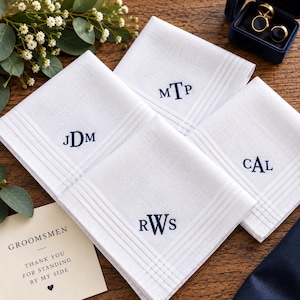 May include: Four white square handkerchiefs with navy blue embroidered monograms reading MTP, JDM, CAL, and RWS. Each fabric piece features a subtle striped border pattern. A small card with the text GROOMSMEN THANK YOU FOR STANDING BY MY SIDE is visible.
