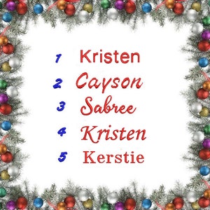 Op de afbeelding: Een witte achtergrond met een rode kerstkransrand. De afbeelding bevat een lijst met namen met de nummers 1 tot en met 5 in het blauw. De namen zijn: Kristen, Cayson, Sabree, Kristen en Kerstie.