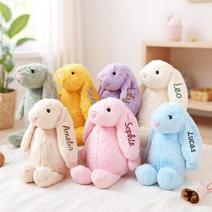 May include: A collection of plush bunny rabbits in various pastel colors, including green, yellow, purple, white, pink, and blue. Each bunny has a name embroidered on its ear. The bunnies are soft and cuddly, perfect for children.