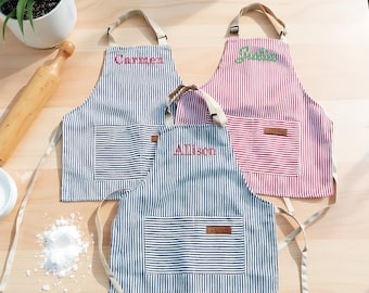 Personalized Embroidered Apron Set – Matching Family Aprons, Striped Apron With Pockets, Cooking Party, Birthday Gift for Child