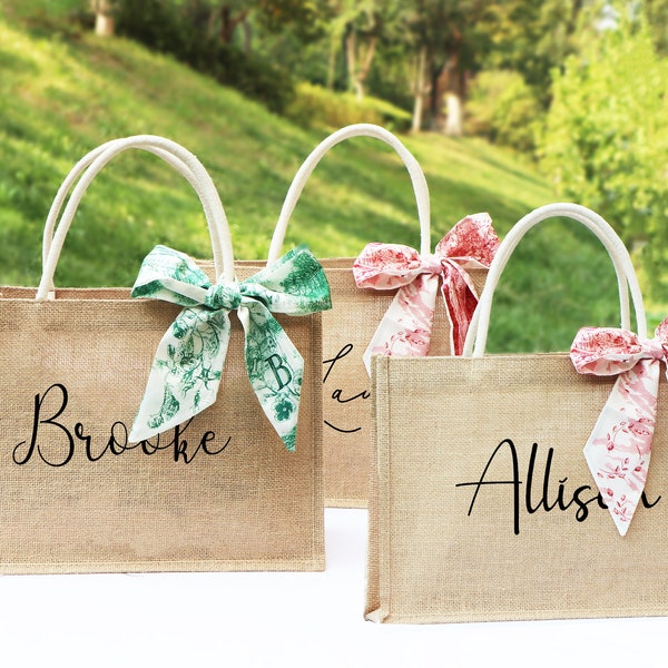 Bolsas de mano de arpillera personalizadas con bufanda, regalos de dama de honor de bolsa de yute, despedida de soltera, fiesta nupcial, favor de despedida de soltera, regalo para ella