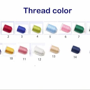 May include: Image showing a selection of thread colors, labeled 1 through 15. The colors include teal, red, blue, lime green, light blue, pink, dark green, black, purple, yellow, light pink, white, tan, navy, and gray.