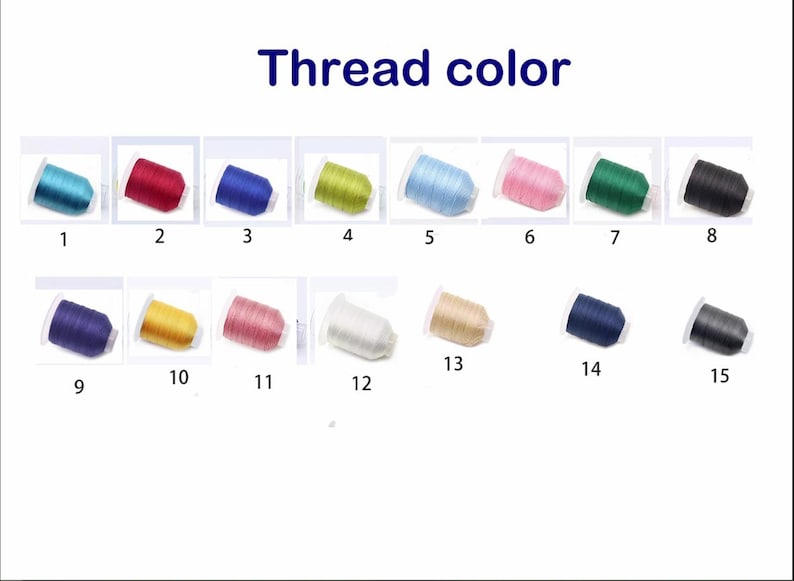 May include: Image showing a selection of thread colors, labeled 1 through 15. The colors include teal, red, blue, lime green, light blue, pink, dark green, black, purple, yellow, light pink, white, tan, navy, and gray.