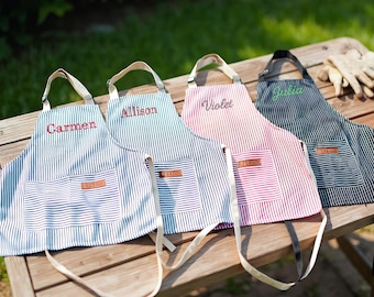 Grembiule personalizzato per bambini, grembiule personalizzato per bambini con nome ricamato, grembiule a righe con tasche, festa di cucina, regalo di compleanno per bambini