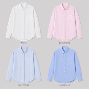 May include: Four long-sleeve button-down shirts with collars and single chest pockets. The shirts are displayed in white, pink stripe, blue stripe, and light blue. Each shirt features a front button placket and cuffs, labeled as WHITE, PINK STRIPE, BLUE STRIPE, and LIGHT BLUE.