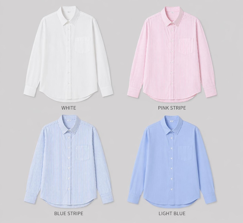 May include: Four long-sleeve button-down shirts with collars and single chest pockets. The shirts are displayed in white, pink stripe, blue stripe, and light blue. Each shirt features a front button placket and cuffs, labeled as WHITE, PINK STRIPE, BLUE STRIPE, and LIGHT BLUE.