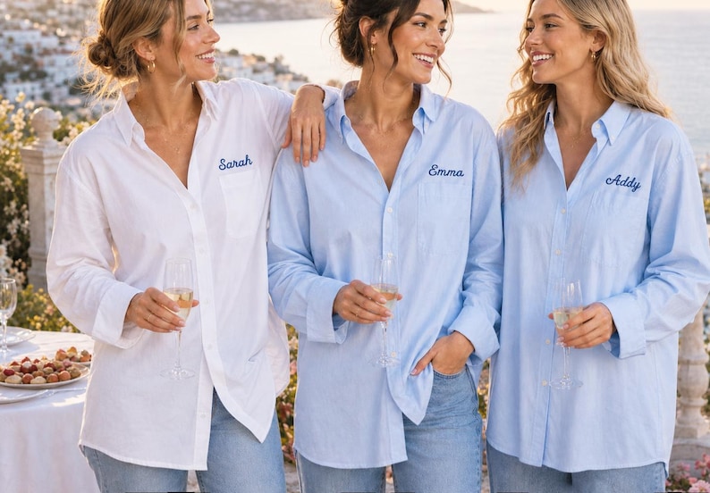 Personalized Bridesmaid Shirt, Embroidered Oxford Shirt, Custom Name Button Down Shirt, Bride Getting Ready Shirt, Wedding Party Shirt image 4